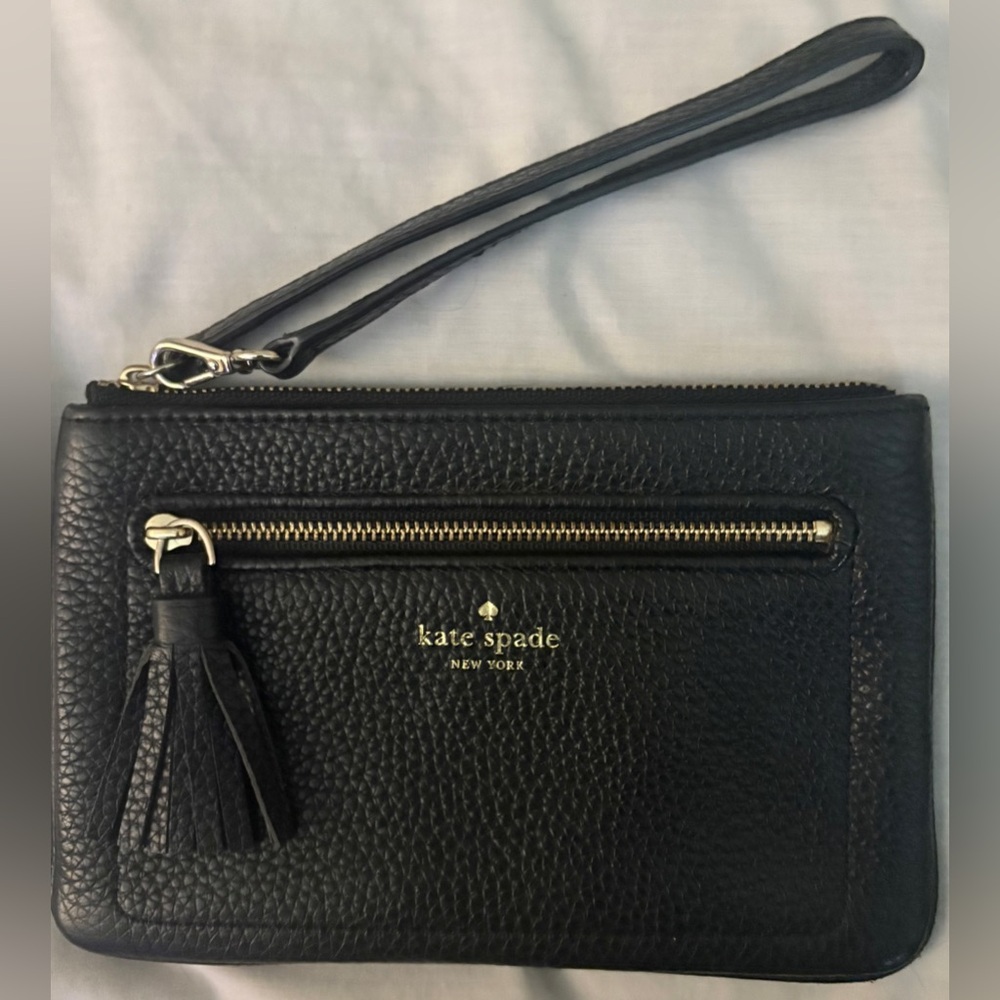 kate spade Black Pebbled Leather Wristlet Clutch with Gold Hardware